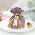 Elegant purple velvet wedding candy bag with gold tassels and Best Love gift tag - Purple