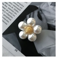 Detailed view of elegant five-petal pearl flower brooch with gold textured center bead - X029 White Pearl Flower (No Pin Accessory)