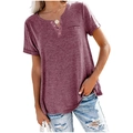 Detail of V-neck Henley shirt showing three-button placket and decorative chest pocket - S / Tops / Burgundy