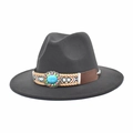 Dettaglio cappello fedora in lana grigia con fascia etnica e pietra turchese - M (56-58cm) / grigio scuro