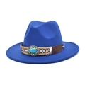 Dettaglio del cappello fedora blu reale con fascia etnica di perline e trama in lana - M (56-58cm) / Blu Zaffiro