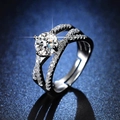 Silver adjustable ring with round solitaire diamond and crisscross pavé band - Y105【1 Carat Criss-Cross】