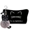 Black cat print makeup bag with fluffy pom-pom keychain and purrfect slogan - Black Cat Print (With Ornament)