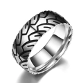 Men's 8mm vintage titanium steel ring with silver black tire tread texture pattern - US 7 / Steel