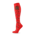 Red Christmas compression socks featuring festive brown bear and colorful light patterns - Red Base Christmas Lights Bear