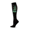 Black Christmas over-the-knee compression socks featuring a green festive tree pattern - Black Base Christmas Tree