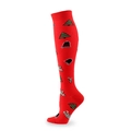 Red Christmas compression socks featuring green tree and candy cane holiday patterns - Red Base Christmas Tree & Bells