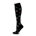 Black Christmas compression socks with red and green snowflakes pattern on white background - Christmas Snow