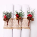 Christmas burlap napkin rings with lace, pine needles, berries, and bells for holiday decor - Red Berry Burlap