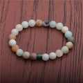 Detailed view of 8mm multi-colored natural stone beads with matte texture on wood surface - Amazonite