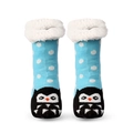 Blue plush Christmas slippers socks with white polka dots and penguin cartoon design - Sky Blue Owl