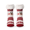 Christmas knit socks with elk pattern and white faux fur trim on a clean white background - Heart Reindeer Wine Red