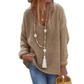 Women's khaki V-neck knit sweater in loose oversized fit with long sleeves and tassel - S / Brown
