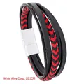 Meerlaagse leren heren armband in rood en zwart met een zilveren magnetische sluiting - Witte Gelegeerde Sluiting 20,5 CM