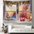 Arazzo da parete natalizio con vista finestra innevata e decorazioni festive - 150x130cm / Finestra di Notte Innevata con Pupazzo di Neve