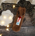 Brown coral fleece Christmas reindeer socks with 3D red pompom and elk horn embroidery - Adult (No Gift Box) / Coffee Moose