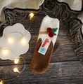 Thick coral fleece Christmas socks in brown and white with decorative red berries - Adult (No Gift Box) / Cherry