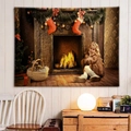 Arazzo natalizio con camino festivo per decorazione murale accogliente del dormitorio - 150x130cm / Camino e Ragazza (Colore 4)