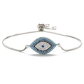 Silver evil eye bracelet with blue zircon inlay and adjustable sliding chain clasp - Silver-Adjustable