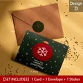 Mini Christmas greeting card set with dark green design, kraft envelope, and seal sticker - Style D - Happy Christmas / Card, Envelope And Sticker
