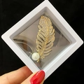Golden feather brooch with rhinestones and pearl in a white square gift box - Gold Feather Style (XZ069 Gold)