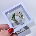 Exquisite golden leaf ring brooch with green enamel and pearls in a 3D suspension box - Ring Branch Style (XZ078)
