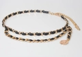 Cinturón de cadena dorada trenzada con cuero negro y colgante de moneda para vestidos - Dorado