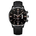 YOLAKO men's black leather watch with rose gold case and chronograph date display - Black Dial Rose Gold Tone Black Band