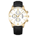 YOLAKO Men's Watch with Gold Case Black Leather Strap and White Chronograph Dial - White Dial Gold Case Black Strap