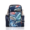 Mini crossbody phone bag with tropical leaf print and dual zipper compartments - Blue Leaf