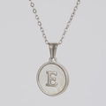 Silver stainless steel round shell necklace with letter E pendant on white mother of pearl - Steel E