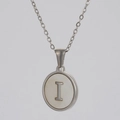 Collar de acero inoxidable plateado con letra I y colgante redondo de nácar - Plata - Letra I (Con Cadena)