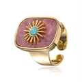 Adjustable gold ring with pink natural stone and sunburst motif featuring a turquoise bead - RI046-6 Pink Stone Sunburst
