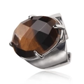 Adjustable wide band ring with faceted oval tiger eye stone in stainless steel setting - Adjustable Open / Tiger Eye-Silver