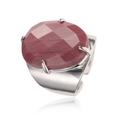 Adjustable silver ring featuring a large faceted oval red gemstone in 4-prong setting - Adjustable Open / Rhodochrosite-Silver