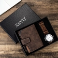 Detail of men's gift set featuring brown suede watch and wallet in black crocodile box - Brown
