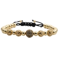 Pulsera tejida ajustable para hombre con cuentas de corona doradas y detalles de circón negro - Dorado