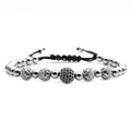 Pulsera tejida ajustable con bola de circonitas y cuentas de plata pulida - Oro Blanco