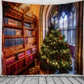 Arazzo natalizio con biblioteca europea, albero addobbato e scaffali di libri - 150x130cm / Stile 2-Biblioteca Vintage Albero di Natale