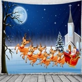 Christmas tapestry showing Santa on a reindeer sleigh over a snowy forest and church - Style 5