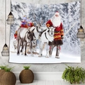 Arazzo di Natale con Babbo Natale e la slitta di renne in un bosco invernale innevato - 150x130cm / Scena di Neve Natalizia Tradizionale