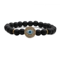 Black matte 8mm beaded bracelet featuring a gold Evil Eye charm with blue accents - Matte Black