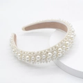 Close-up of wide cream pearl headband with multi-size faux pearls and velvet lining - Pearl Style Narrow (3.0cm)