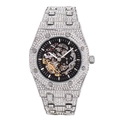 Macro view of full diamond iced out skeleton mechanical watch with luminous dial - Silver