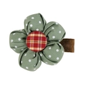 Green polka dot fabric flower hair clip with red plaid button for girls - Green Flower