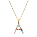 Golden letter A necklace pendant with vibrant multi-color gemstones on a delicate chain - Letter A