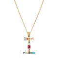 Detail of letter I pendant with multi-color gemstones on a gold stainless steel chain - Letter I