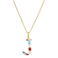 Close-up of J-shaped gold necklace pendant set with colorful mixed gemstones - Letter J