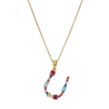Close-up of golden letter U necklace pendant set with vibrant multi-colored gemstones - Letter U
