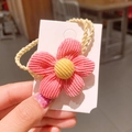 Elastico per capelli con fiore in velluto a coste rosa e centro giallo su corda intrecciata - Fiore in Maglia-Rosa Rosso